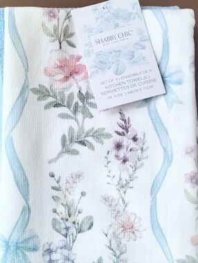 Shabby Chic Farmhouse Set of 3 Kitchen Towels Country Floral Ribbons Cotton